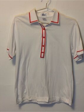 Vintage  Leon Levin Short Sleeve White Polo with Red and Pink Trim